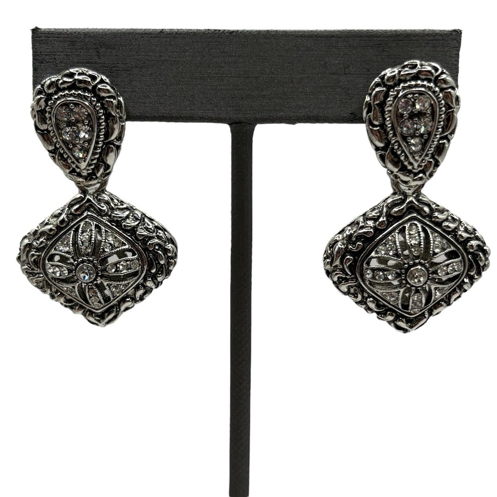 Icy Rhinestone Dangle Drop Earrings Post Pierced‎ Silver Tone Filigree Wedding